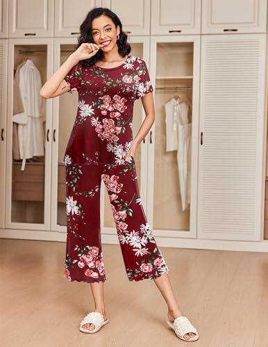 Image of Ekouaer 2 Pack: Women's Pajamas Set Short Sleeve Sleepwear Capri Pants Pjs Soft Loungewear with Pockets