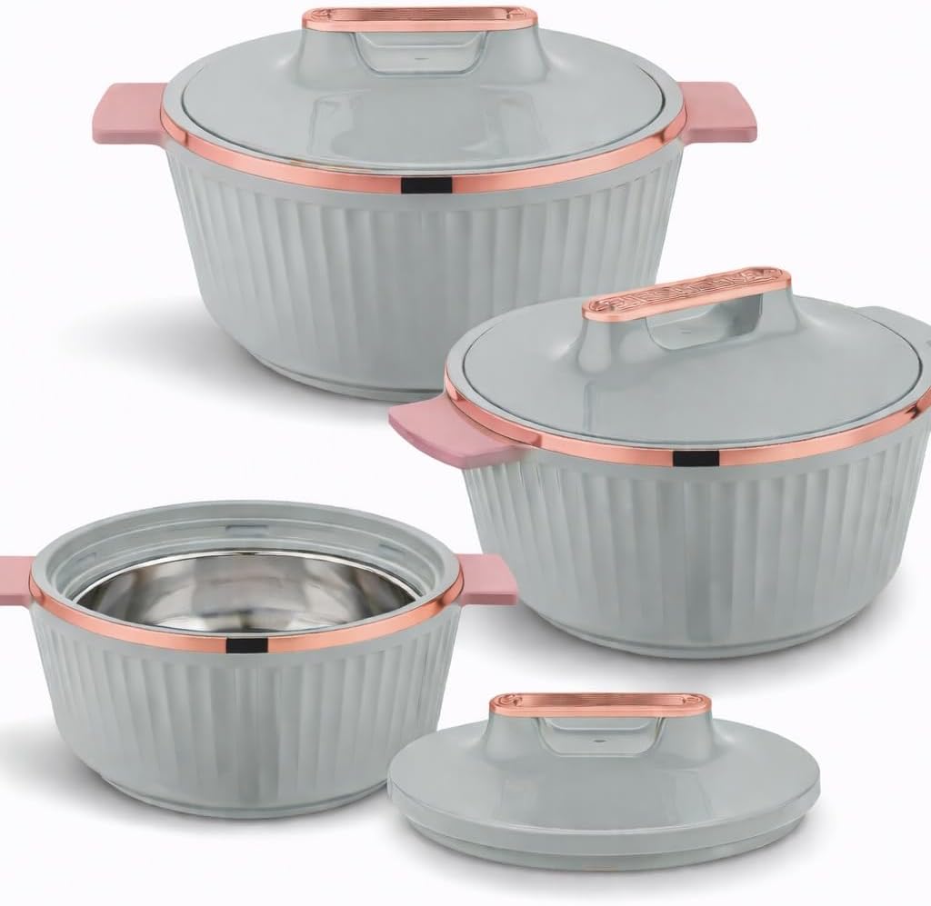T TABAKH Fancy 3pc Set 2500ml+3500ml+5000ml Insulated Casserole Dish with Lid Hot Pot Food Warmer/Cooler - Thermal Soup, Salad Serving Bowl - Stainless Steel Container - Keeps Food Hot & Cold (Green)