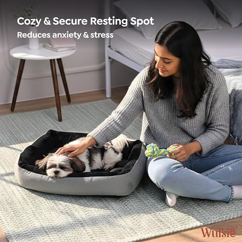 Image of Reversible Rectangle Dog Bed | Small 50 X 65 Cm Pet Bed for Puppies and Cats | Premium Velvet, Washable Fabric | Soft Sofa-Style Bed for Dog with Thick 15 Cm Insert | Black & Grey