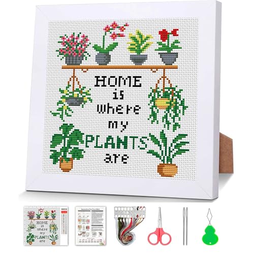 Image of Tiwabb Plant Cross Stitch Kits for Adults Beginners,Flower Stamped Cross Stitch Kits with Wooden Framed,Embroidery Kit for Beginners,Partial 11CT Cross-Stitch Arts and Crafts for Adults 8x8 inch