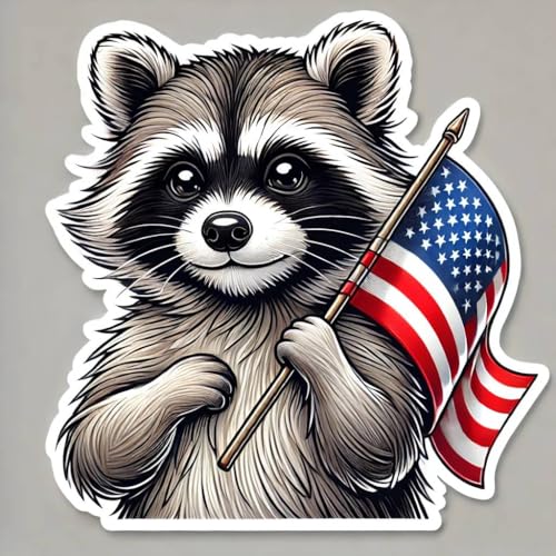 Image of Raccoon Flag Sticker - 4 Inch Funny American Flag Vinyl Decal for Car Bumper, Yeti Cup, Laptop, Toolbox - Waterproof Raccoon Sticker for Adults, Cooler, Wall, Window