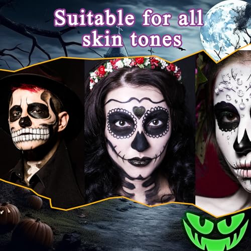 Black White Face Body Paint Set,Professional Oil Based Face Painting Kit with 2 Brushes,Halloween Face Paint SFX Makeup Palette Kit for Skull Costume Party Skeleton Cosplay Clown Art Theater - Image 5