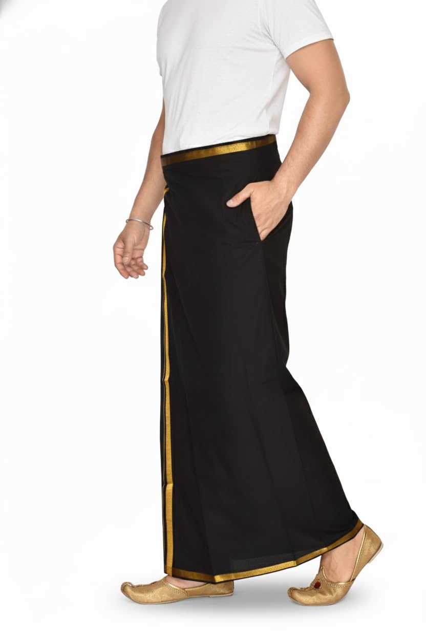 tuni mani Men's Cotton Welcro Dhoti/Gold Zari Pocket Vesti/Free Size Adjustable for all size (28"- 44") (Single Dhoti)-picture-35