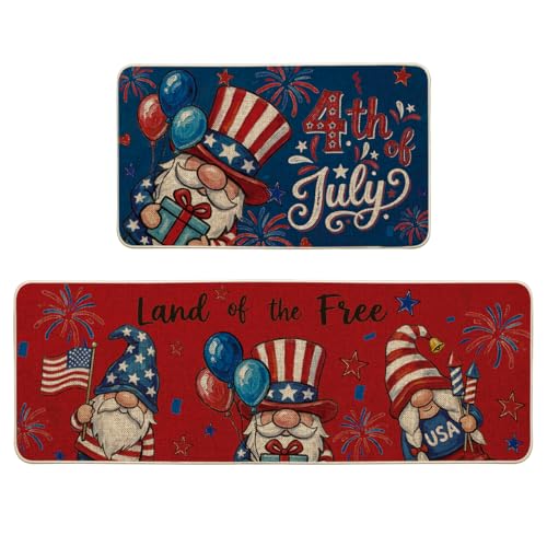 Artoid Mode American Gnome Fireworks Patriotic 4th of July Kitchen Mats Set of 2, Memorial Day Home Decor Kitchen Rugs for Floor - 17x29 and 17x47 Inch