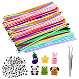 150 Pcs Cure Pipe Chenille Loisir Creatif, 30cm Cure pipes Colorés pour Loisirs Créatifs, Fils Chenilles Pipe Cleaners pour Décoration Créative DIY + 100 Pompons, 100 Yeux Mobiles, 1 Pince à épiler