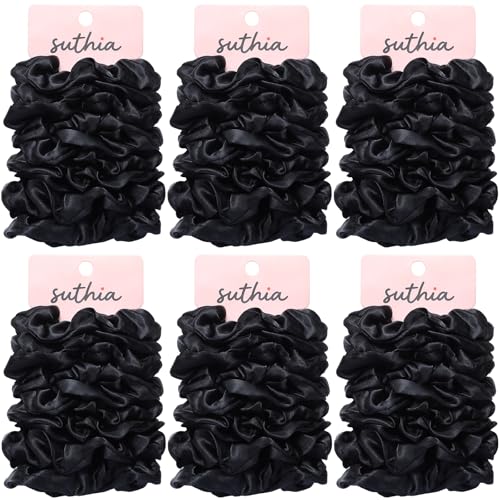 SUTHIA Satin Scrunchies for Women Girls and Kids 60 Bulk Pack Black Hair Scrunchie Hair Ties Silk Scrunchy Soft Silky Ponytail Holders for Thick Curly Medium Thin Fine Hair No Damage & Non Slip