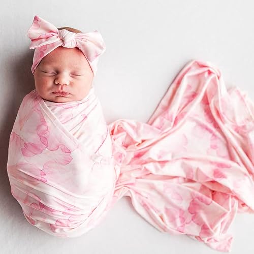 SINCERELY COZY – Baby Swaddle Blankets, Newborn Swaddle and Headband Set for 0-3 Months, Newborn Blankets for Baby Girls, Made of Bamboo Rayon, Rose Petal Love