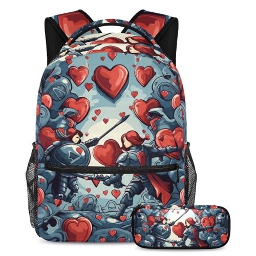 Sac à dos étudiant grand format avec trousse scolaire imprimé cœurs