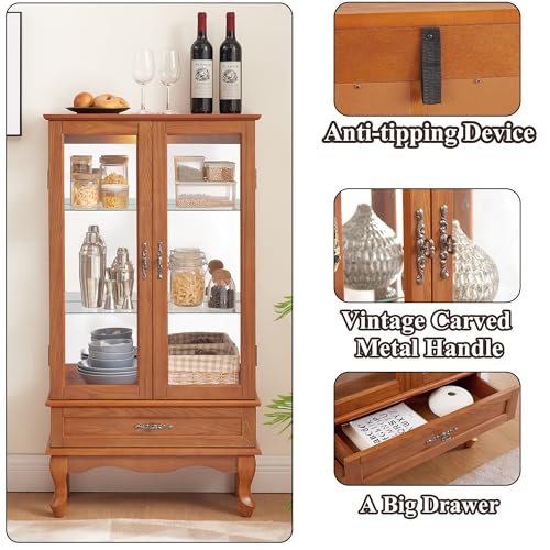Image of 49 inch H Lighted Curio Cabinet Display Case, Glass Curio Cabinet with Adjustable Shelves,Tempered Glass Door and Drawer, Wooden Cabinets w /Mirrored Back Pane for Living Room (Oak)