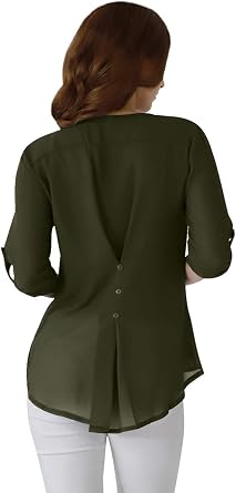 Womens Casual Long Sleeve Deep V Neck Tops Button Chiffon Shirt Blouse