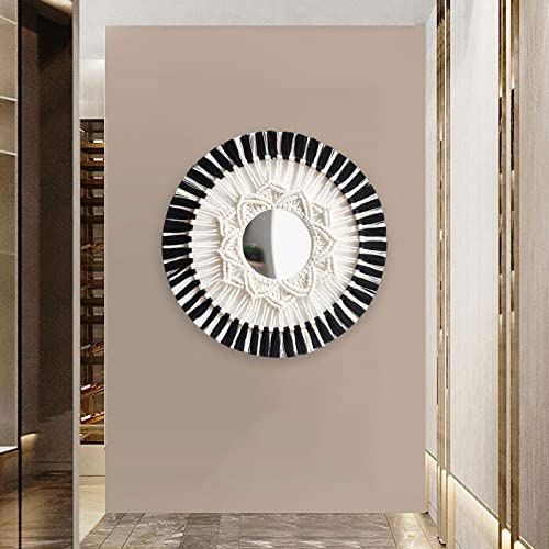 Leefasy Boho Wall Hanging Mirror, Bohemia Macrame Round Decorative Mirror, For Bedroom Bathroom Baby Nursery Living Room Decor, Black #TOP4