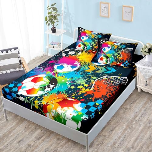 Football Small Double Fitted Sheet, 3D Boy Fitted Sheet Double Bed - Deep Pocket 12 inch (30 cm) - Soft Microfibre Fabric - Shrinkage and Fade Resistant Bedding - Bottom Sheet D2412