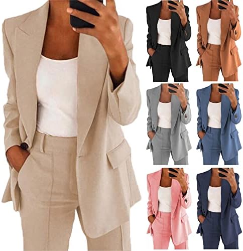 ERTUPE Women's 2 Piece Casual Blazers Open Front Long Sleeve Work Office Jackets and Pants Business Office Suit Set Beige