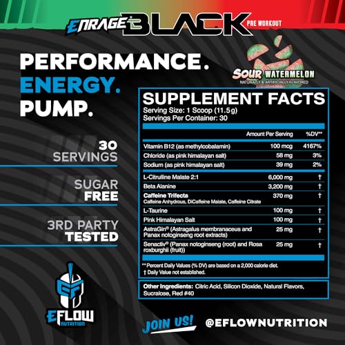 Image of eFlow Nutrition Enrage Black High Stimulant Pre Workout Supplement - Preworkout Powder to Boost Energy, Pumps and Strength - 4 Flavors (30 Servings) (Sour Watermelon)