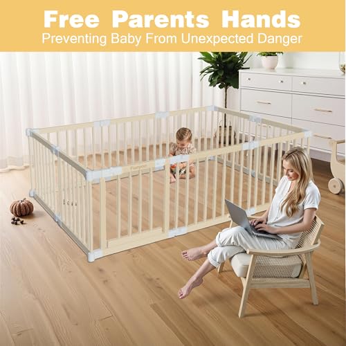 Image of Foldable Wooden Playpen for Babies and Toddlers, Baby Play Pen with Gate, Portable Baby Fence Indoor Activity Center, Adjustable Size & Shape, 10 Panels