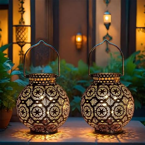 TRIROCKS Zestaw 2 Metalowych Lamp Marokańskich 18 cm Wysokich, Bezprzewodowe Lampiony LED z Żarówką, Idealne do Dekoracji Domu, Salonu, Imprez (Brązowy)
