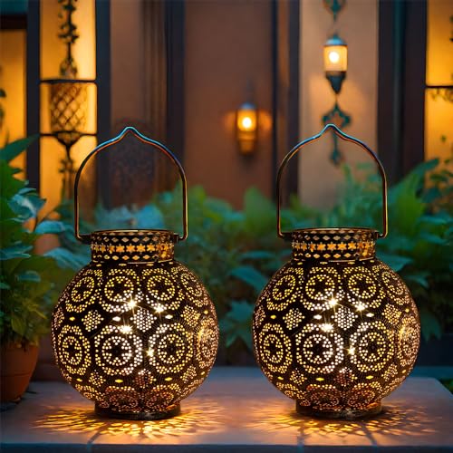 TRIROCKS Zestaw 2 Metalowych Lamp Marokańskich 18 cm Wysokich, Bezprzewodowe Lampiony LED z Żarówką, Idealne do Dekoracji Domu, Salonu, Imprez (Brązowy)