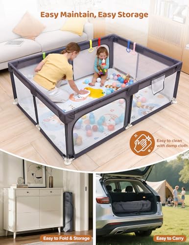 Image of Dripex Baby Playpen with Mat, 71 inchx47 inch Large Play Pen for Babies, Dark Grey | Included Waterproof Mat /Portable Bag / Pull up Rings, Breathable Visible Mesh, Easy Setup, Indoor /Outdoor Use