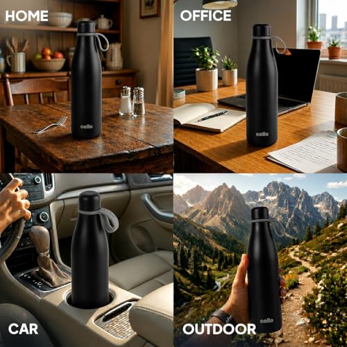 Image of CELLO Duro Oxy Stainless Steel Flask 900 ml Black | Easy to Pour & Fill, Spill Proof Leakproof Vacuum Insulated Hot and Cold Thermos Water Bottle for School College Office Gym Trekking Biking & Travel