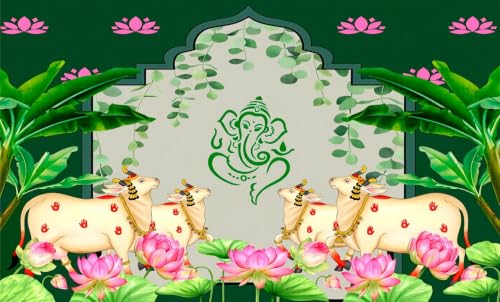 Image of vinayaka Backdrop Decoration | Lord Ganesha with Traditional Kamadhenu & Lotus Garden Pooja Background 5x8 Feet | varalakshmi Pooja Decoration
