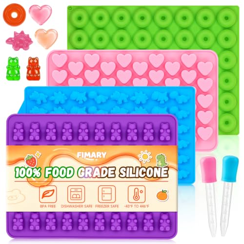Image of Gummy Bear Molds Silicone Mini Size, Non-stick Chocolate Candy Gummy Mold with 2 Droppers Including Dinosaur, Bear, Hearts and Donut Shape 201 Cavities