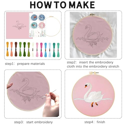 Image of INFUNLY 4 Sets Whale Embroidery Kits for Beginner Bird Cross Stitch Starter Kits with Instructions for Adults DIY Embroidery Needlepoint Sets with Animal Pattern Embroidery Cloth Hoops Threads Tools