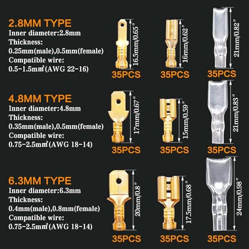 iTYOOS 315 Stück 2.8mm/ 4.8mm/ 6.3mm Männlich & Weiblich Kabelstecker, Flachstecker, Flachsteckhülsen Set, Kabelschuh Kits, Draht Crimp Verbinder mit Isolierhülsen Kits, Crimpverbinder