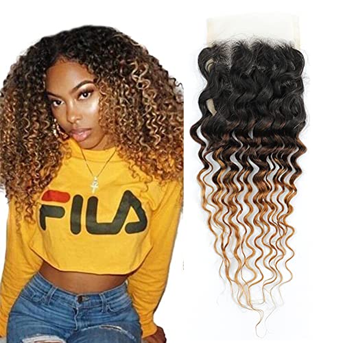 Agnes Ombre Human Hair 4X4 Lace Closure 12 Inch Deep Wave T1B/4/27 3 Tone Human Hair Closure With Baby Hair Around Free Part 130 Density Natural Black To Brown To Highlight Blonde (RDLBDT1B427C12)