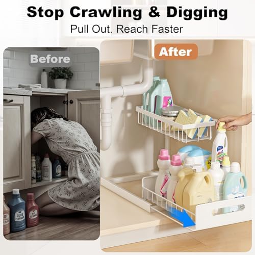 REALINN Under Sink Organizer, Pull Out Cabinet Organizer, 2 Tier Metal Slide Out Shelf with L Shaped Design for Kitchen, Bathroom, Laundry, and Utility Cabinet Storage for Deep Cabinets, White, 2 Pack — view 3