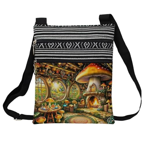 Mushroom House Messenger Bag Small Ethnic Pattern Printed Adjustable Strap Crossbody Zipper Pouch Mushroom House Phone Organizer Wallet Cute Shoulder Handbag for Women-2