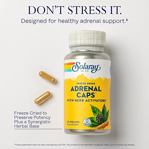 Solaray Freeze-Dried Adrenal Caps With Herb Activators, Eleuthero, Licorice, Gotu Kola, And Clove, Adrenal Support Supplements For Healthy Stress Management, Lab Verified, 60-Day Money-Back Guarantee, 30 Servings, 60 Vegcaps #TOP2