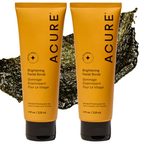Acure Brightening Facial Scrub - Exfoliating Face Wash Gentle Daily Scrubber & Exfoliator for Women & Men for Radiant Skin Cleansing Wash with Sea Kelp & French Green Clay - 4 fl oz (2 Pack)