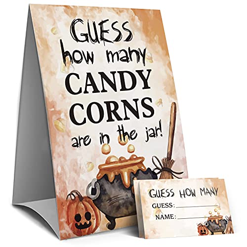 Guess How Many Candy Corns Halloween Party Game, Halloween Party Favors Supplies, Halloween Party Game, Trick or Treating, Family Activity - 1 Sign and 50 Guessing Cards(24A)