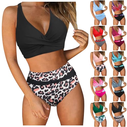 Trajes de baño de dos piezas para mujer, bikini con parte superior cruzada, cintura alta, control de abdomen, trajes de baño con estampado vintage, Vino, L