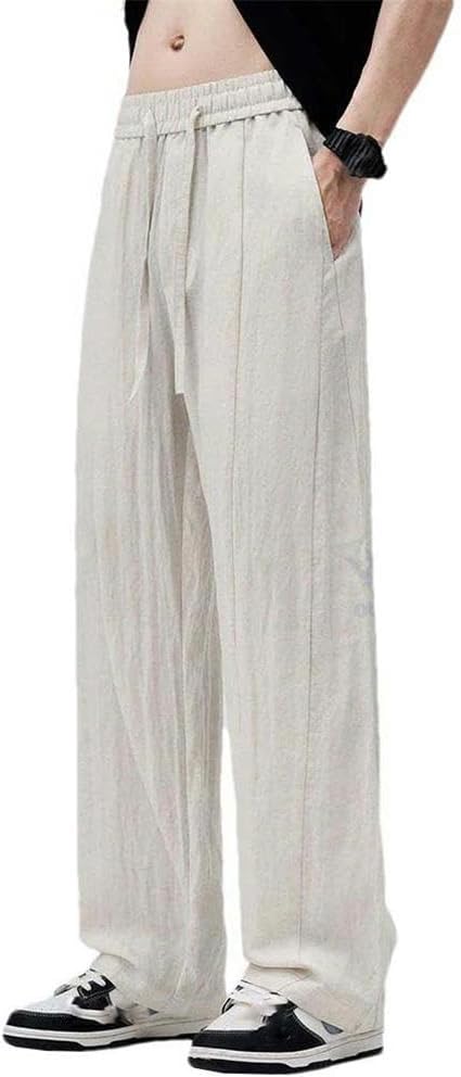 Summer ice Silk Lightweight Linen Pants Men Elastic Waist Outdoor Jogging Breathable Wrinkle Casual Trousers Men