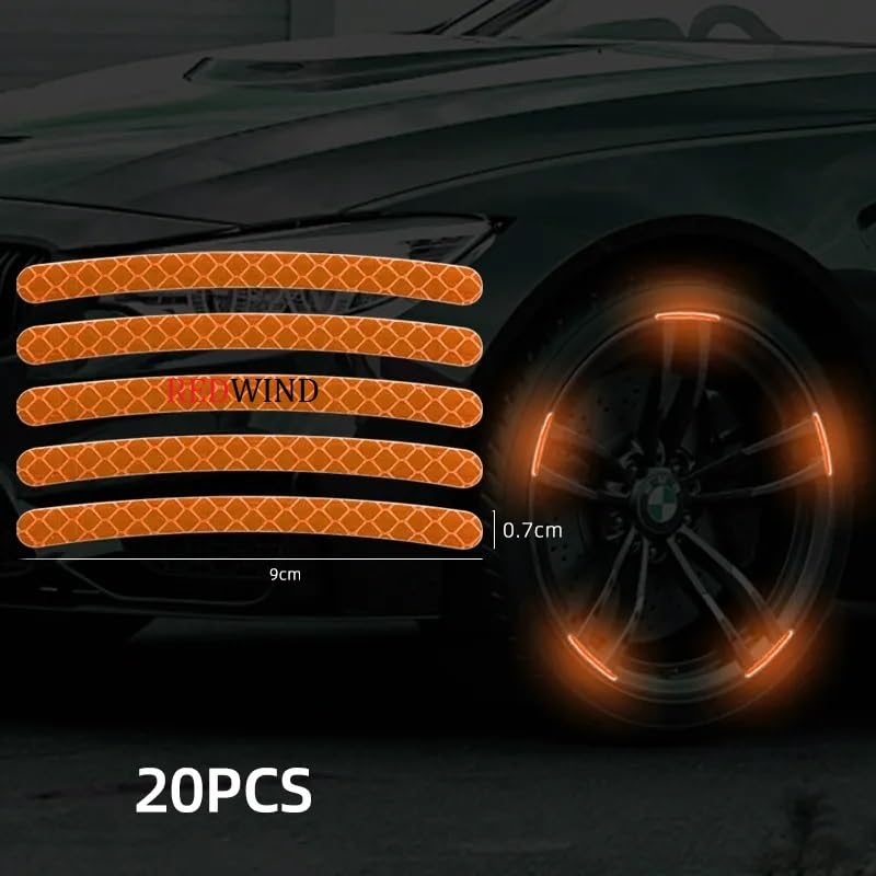 Image of REDWIND Vinyl Anti-Collision Glow In Dark Wheel Self Adhesive Rim Stickers, Night Reflective Tape Warning Sticker For Metal, Decoration, Universal For Cars, Bikes, Trucks (20 Strips) Orange, 11 cm