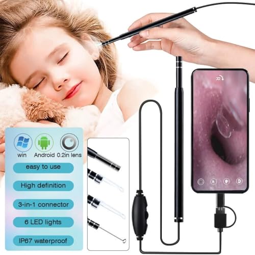 Image of Ear Otoscope, 3 in 1 Ear Endoscope, USB Digital Ear Camera Ear Wax Removal Tool with Waterproof Camera with 6 Adjustable LED Lights for Android Phone Window Mac PC