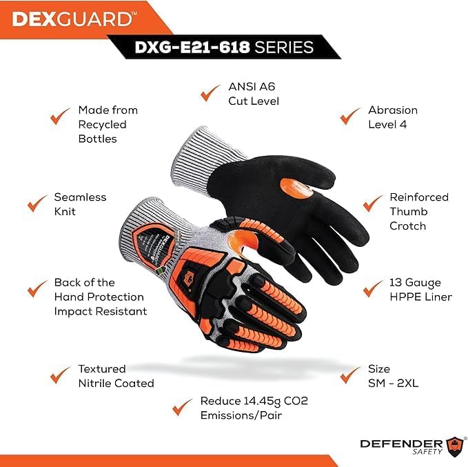 Miniatura 3 de Defender Safety Guantes de trabajo ANSI A6 resistentes a los cortes, paquete de 12, protección contra impactos, recubiertos de nitrilo, hechos de