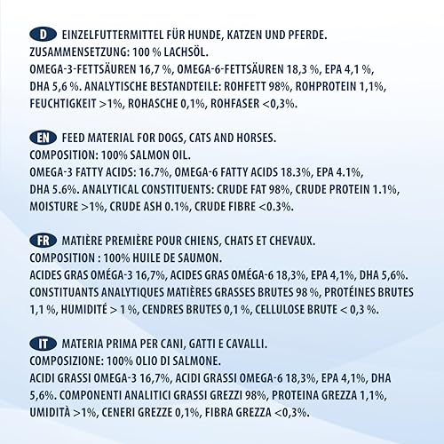 500ml Lachsöl für Hunde, Katzen und Pferde | Reich an Omega 3 & 6 Fettsäuren - 100% Natürliches Fischöl im 0,5 Liter Gebinde