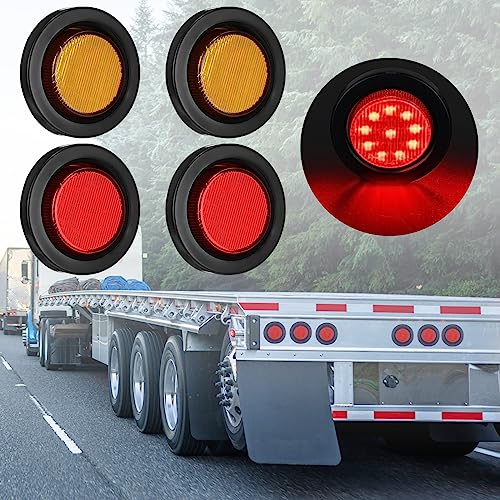 Image of Treela 16 Pcs 2 Inch LED Marker Lights 10 LEDs Round Trailer Light Waterproof Sealed with Rubber Flush Mount Grommet 2 Prong Wire Pigtails for RV Truck Semi Trailer Side Tail Lights(Red and Amber)