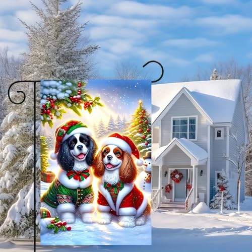 Image of BlissYard Christmas King Charles Dogs Garden Flag 12x18 Inch Polyester | Double sided polyester, Christmas king charles puppies santa hats design, dog lover decor for porch and yard