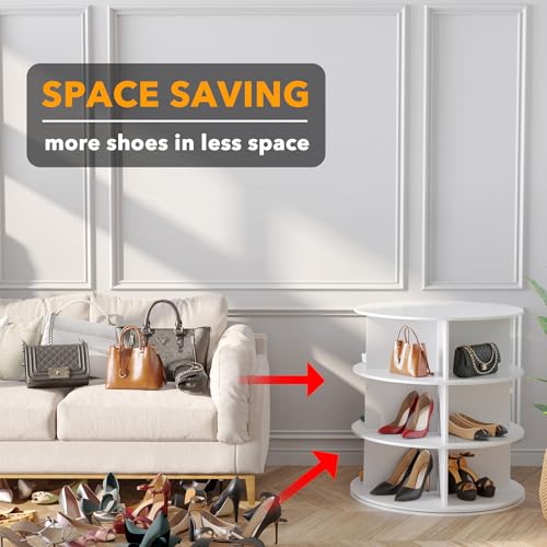 SpaceAid 3 Tier Rotating Shoe Rack Tower, Spinning Shoe Display Lazy Susan, Revolving 360 Shoe Rack Storage Round Carousel, Vertical Handbag Rotate Shoes Closet Organization (3-Tier White)