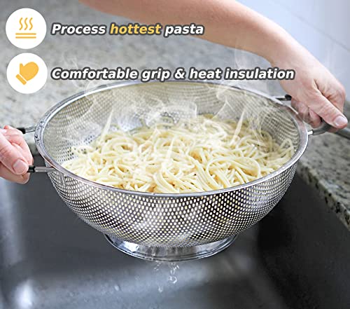 5 Qt Colander 18/8 Stainless Steel Colander Silicone Handle Easy Grip Micro-Perforated Strainer Heavy Duty And Self-Draining Solid Ring Base Bpa Free Dishwasher Safe - Black #TOP2
