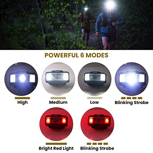 Vitchelo V800R Rechargeable Motion Sensor Headlamp - Red Safety Flashlight - 6 Light Modes - Super Bright Ipx6 Waterproof Adjustable Head Light - Type-C - Running Jogging Camping Hiking Cycling #TOP5