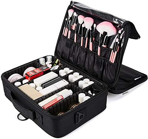 Travel Makeup Train Case, 3 Layers Waterproof Big Travel Makeup Bag Cosmetic Organizer with Adjustable Dividers