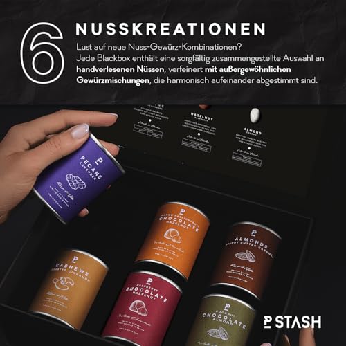 P-Stash Black Box Nussmischung Sweet Temptation - 6er Box Nüsse Mix - Pekannüsse, Haselnüsse, Mandeln & Cashews - Mixed Nuts mit einzigartigen Gewürzkombinationen, handgeröstet in Berlin