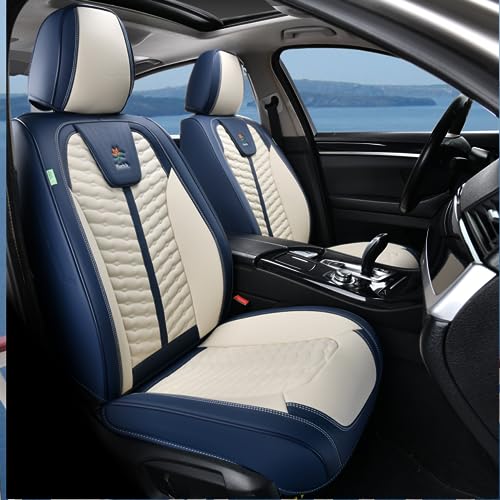 Image of FLORICH Seat Covers for Cars, Seat Covers Full Set 5 Seats, Waterproof Leather Car Seat Covers, Front and Rear Seat Covers, Universal Seat Protector Accessories for Most Vehicles-Blue&White