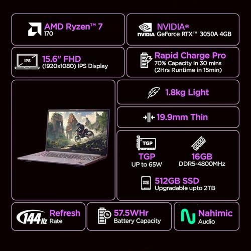 Image of Lenovo LOQ Essential AMD Ryzen 7 170 | NVIDIA RTX 3050A 4GB (16GB RAM /512GB SSD /144Hz Refresh Rate /15.6 inch (39.6cm) /Windows 11 /Office Home 2024 /3 Mon. Game Pass /Grey /1.8Kg), 83S000FPIN Gaming Laptop