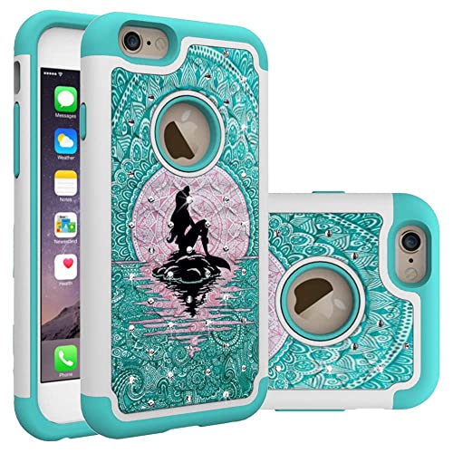 Iphone 6S Case, Iphone 6 Bling Case, Mermaid With Moon Pattern Heavy Duty Shockproof Studded Rhinestone Crystal Bling Hybrid Case Silicone Protective Armor For Apple Iphone 6S Iphone 6 #TOP14
