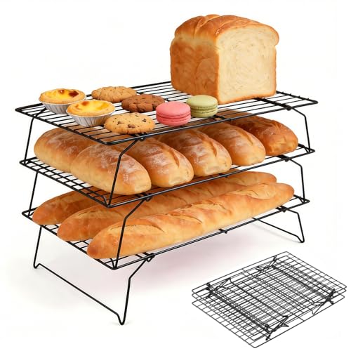 Grille de Refroidissement Patisserie 3 Niveaux en Acier au Carbone Antiadhésive - 40 x 25 cm, Pliable et Empilable, Gain de Place - Patisserie Accessoire pour...